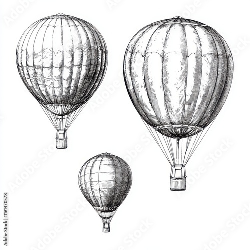 Balloon aeronautics aerostat set sketch engraving raster illustration. 