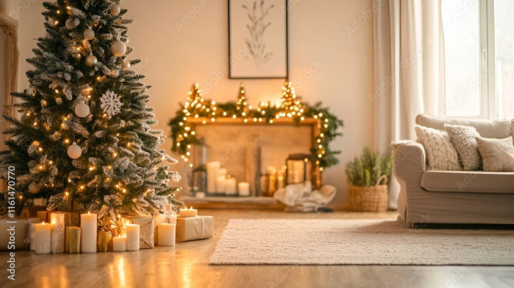 Blurred Christmas tree lights creating a warm and festive ambiance in a softly lit interior Blurred Christmas tree lights creating a warm and festive ambiance in a softly lit interior