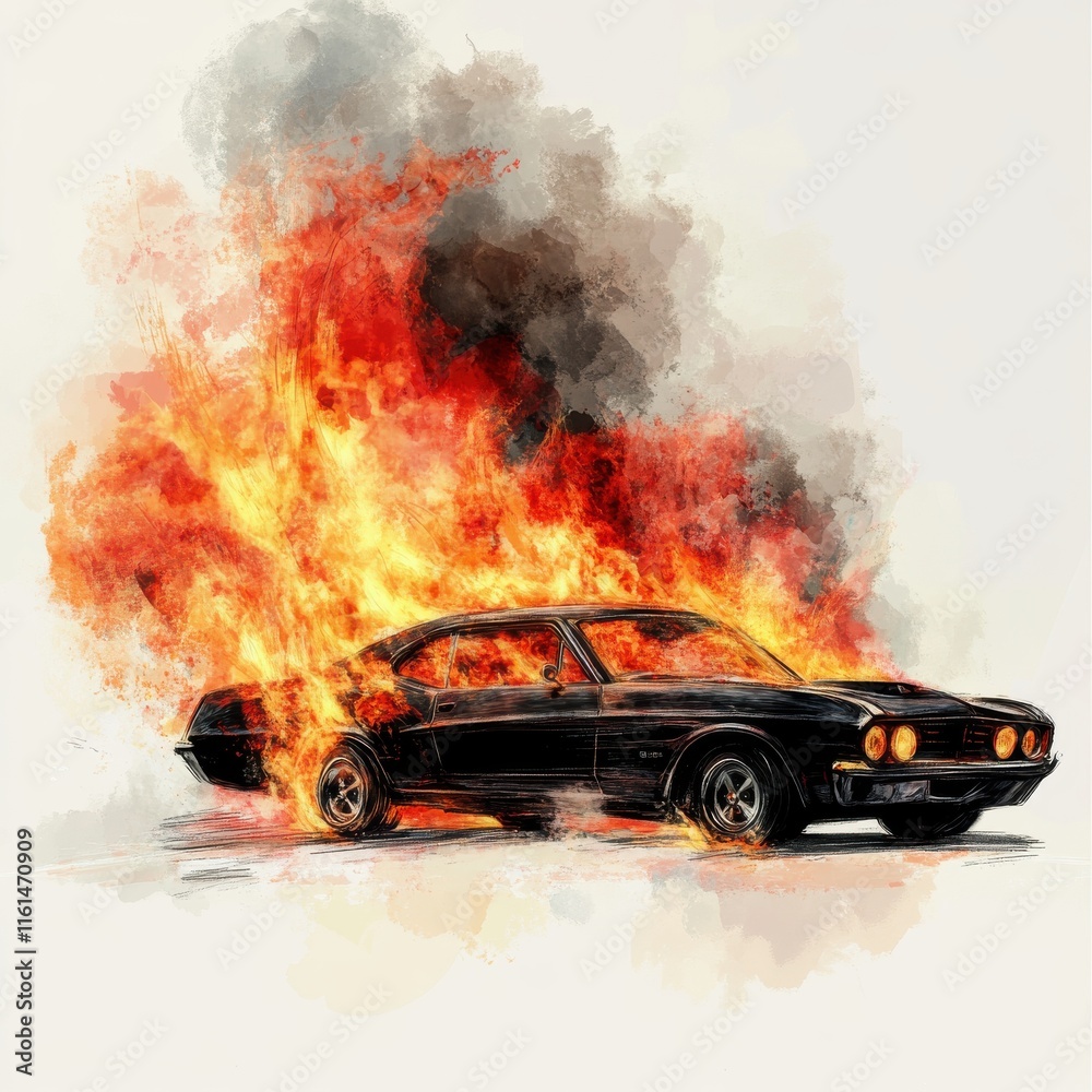 Car on fire sketch. Raster illustration. 