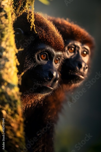 Rare Venezuelan red howler monkeys sharing fruit at sunrise