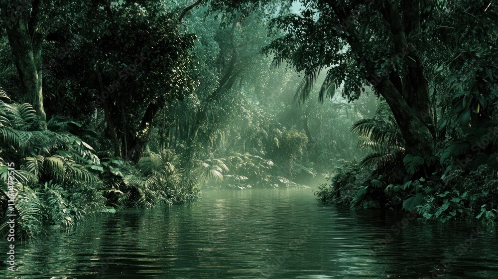 Lush green jungle river scene with dense foliage and misty atmosphere. Lush green jungle river scene with dense foliage and misty atmosphere.