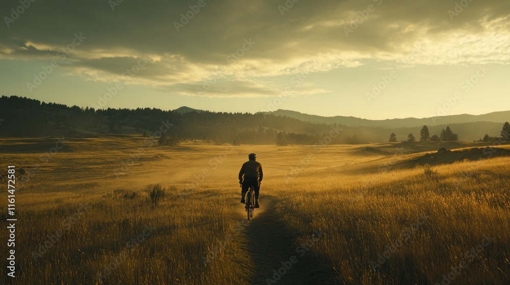 Cyclist riding through a hazy golden field at sunset. Cyclist riding through a hazy golden field at sunset.