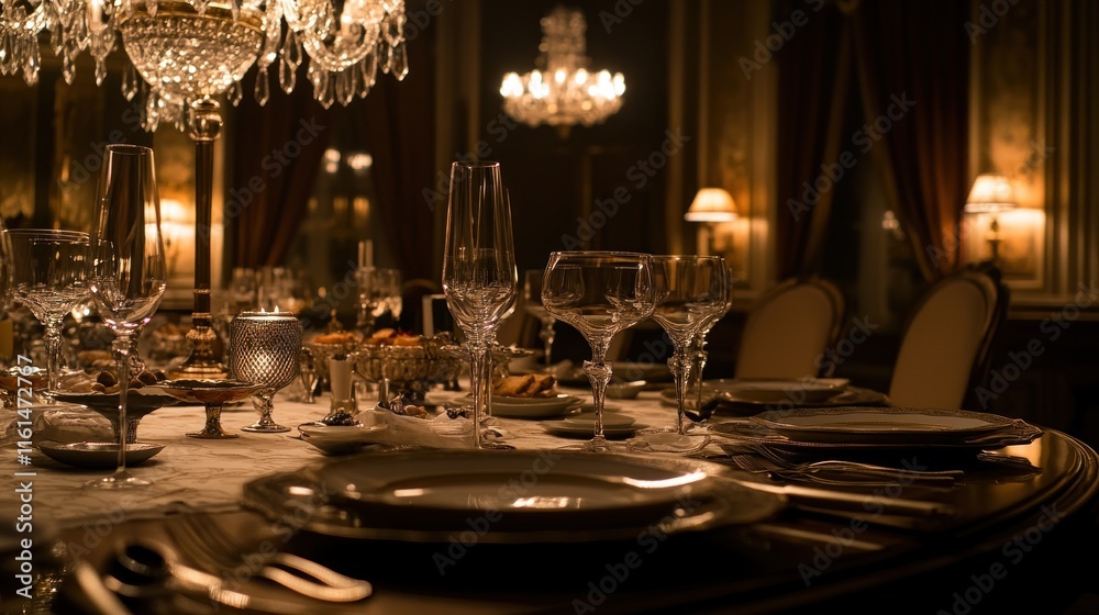 Elegant dinner table setting in a dimly lit, luxurious dining room with crystal chandeliers and fine glassware. Elegant dinner table setting in a dimly lit, luxurious dining room with crystal chandeliers and fine glassware.