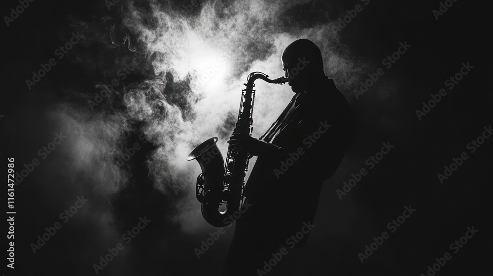 Obraz premium Silhouette of saxophonist playing in smoky darkness.