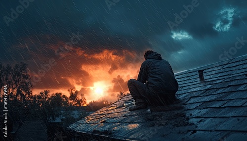 A person sits on a rooftop during a storm, watching a dramatic sunset through rain.