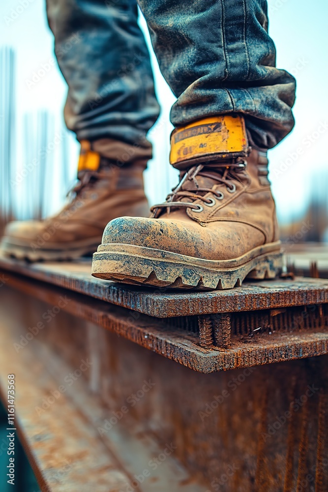 Worn work boots stand on steel beam, showcasing durability and s Worn work boots stand on steel beam, showcasing durability and s