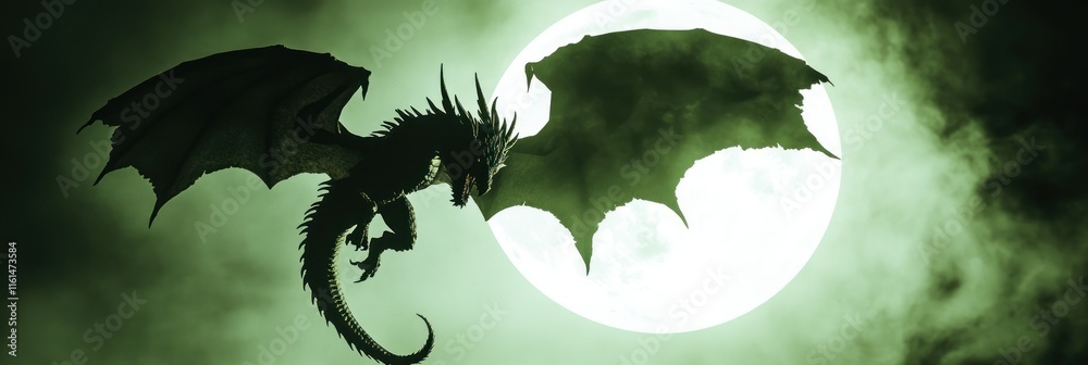 Fototapeta premium Silhouette of a black dragon soaring across a full moonlit night sky.
