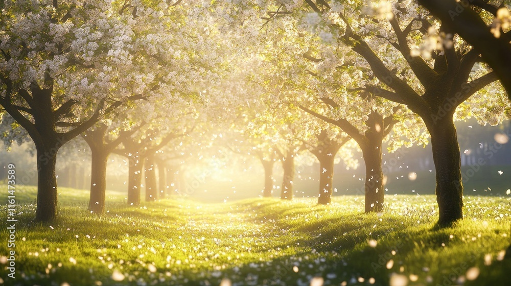 Naklejka premium Sunlit path through blossoming trees, petals falling on green grass.