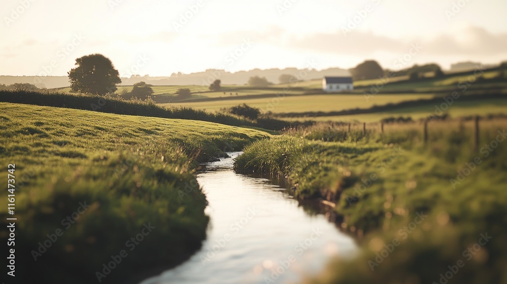 Obraz premium Serene sunset over idyllic countryside stream, flowing through lush green pasture towards distant farmhouse.