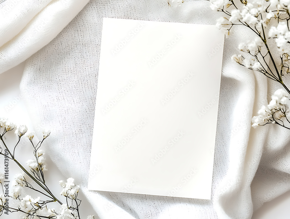 Invitation card mockup with white screen, boho style, white and light green background with natural elements and plants Invitation card mockup with white screen, boho style, white and light green background with natural elements and plants