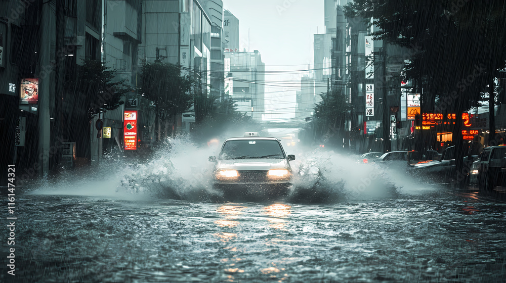 Obraz premium Sudden downpour flooding the gray japanese anime-style urban streets. Cloudburst. Illustration