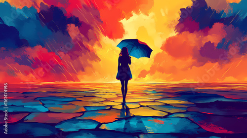 Une femme marchant sur un sol qui se fissure - ambiance dramatique. Cloudburst. Illustration