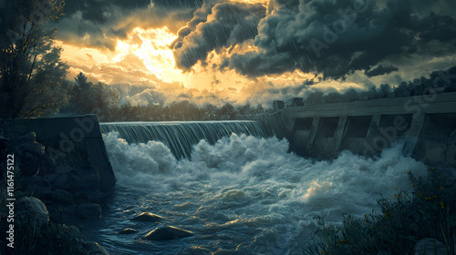 Water cascading over a spillway under a stormy sky. Cloudburst. Illustration