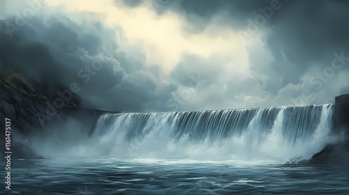 Water cascading over a spillway under a stormy sky. Cloudburst. Illustration