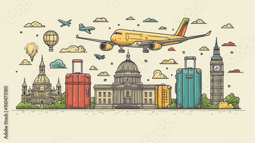 vibrant illustration features suitcase airplane and notable building symbolizing emigration flat design style. clean background enhances modern appeal.