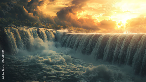 Water cascading over a spillway under a stormy sky. Cloudburst. Illustration