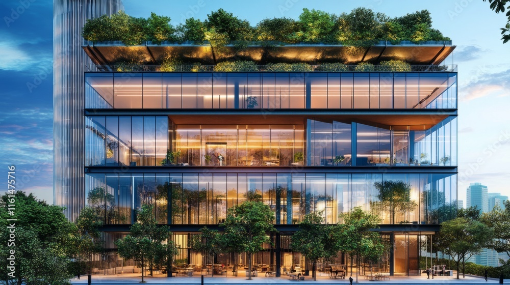 Fototapeta premium Modern glass office building with big trees around to reduce heat and carbon dioxide. Eco-friendly building and CO2 reduction corporate building. Sustainability concept 