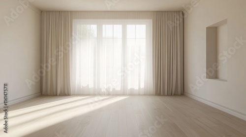 A large room with a window and white curtains. The curtains are open, letting in sunlight. The room is empty and has a lot of space