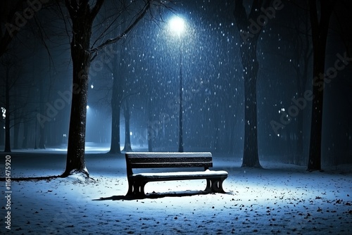 Snow-covered park bench under a glowing streetlamp at night with falling snowflakes. peaceful winter solitude photo