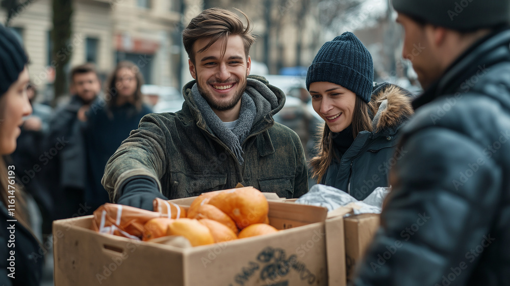 Obraz premium Volunteers distributing food to the homeless in a city, showing compassion and community support on a sunny day. 