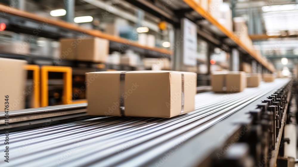 Boxes moving on conveyor belt in modern warehouse showcasing eff Boxes moving on conveyor belt in modern warehouse showcasing eff
