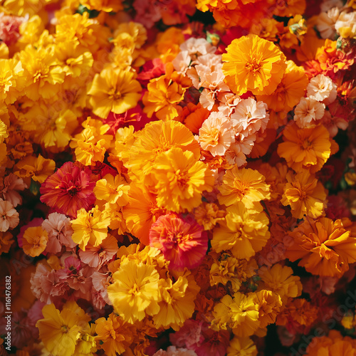 Beautiful Marigold (Tagetes) or Cocok Botol Blossoms with Colorful Petals, Capturing the Natural Beauty of Flowering Plants autumn leaves background
