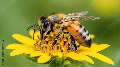 Honeybee pollinating a yellow flower.