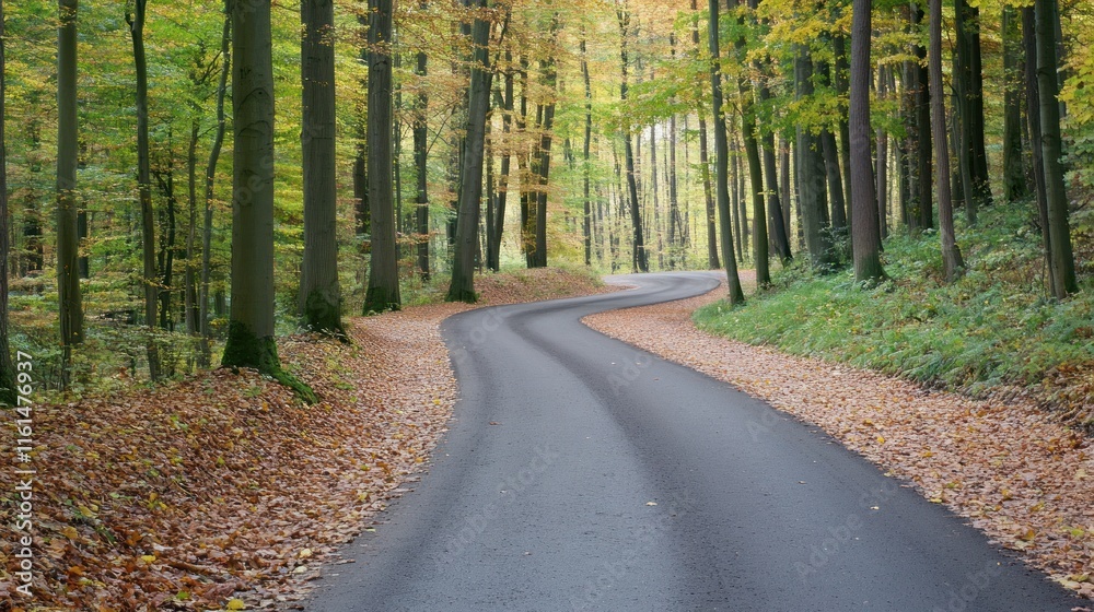 Fototapeta premium Winding asphalt road through autumn forest with fallen leaves.