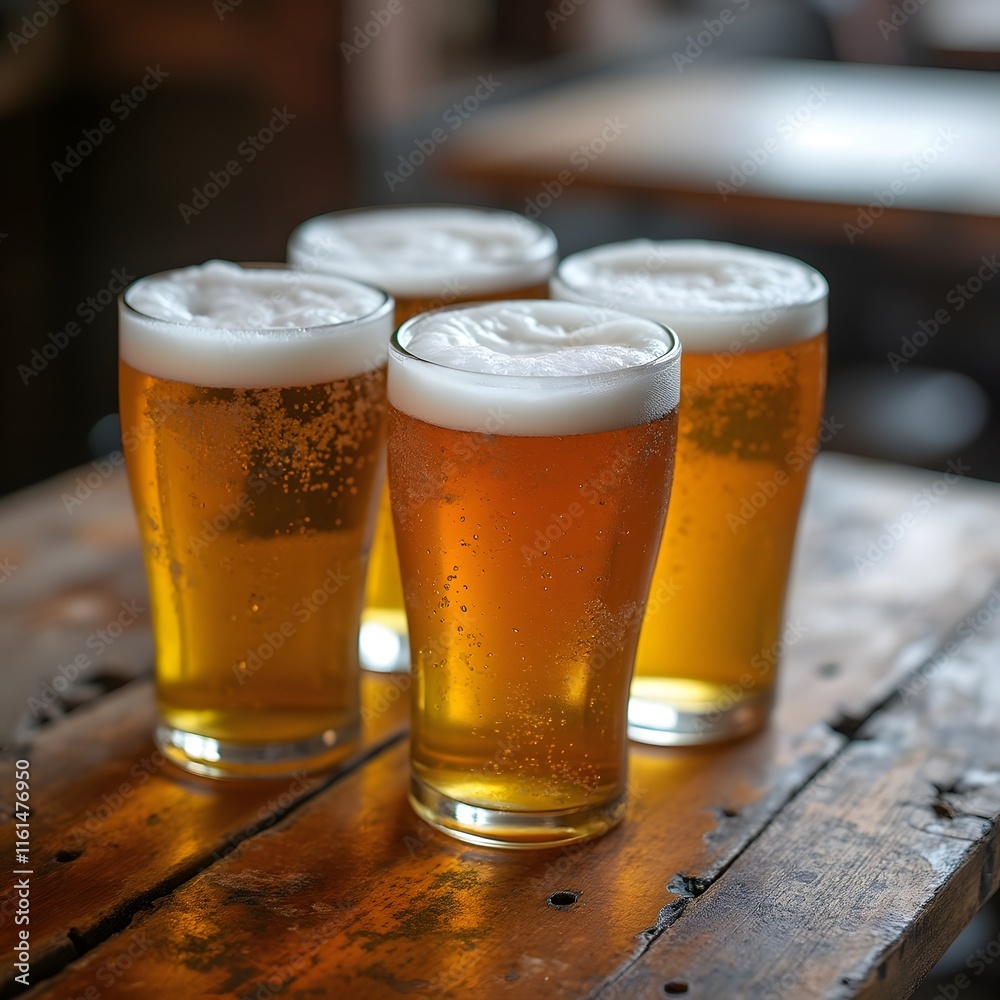 Four Frosted Glasses of Golden Beer on Rustic Wooden Table - Refreshing Brewery Beverage Photography Four Frosted Glasses of Golden Beer on Rustic Wooden Table - Refreshing Brewery Beverage Photography