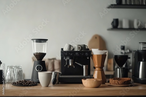 Modern kitchen scene featuring coffee equipment, cozy atmosphere