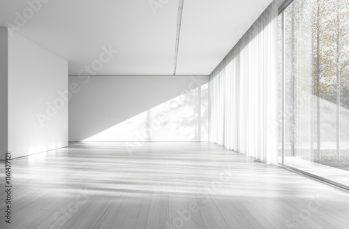 A large, empty room with white walls and wooden floors. The room is lit by sunlight coming in through the windows