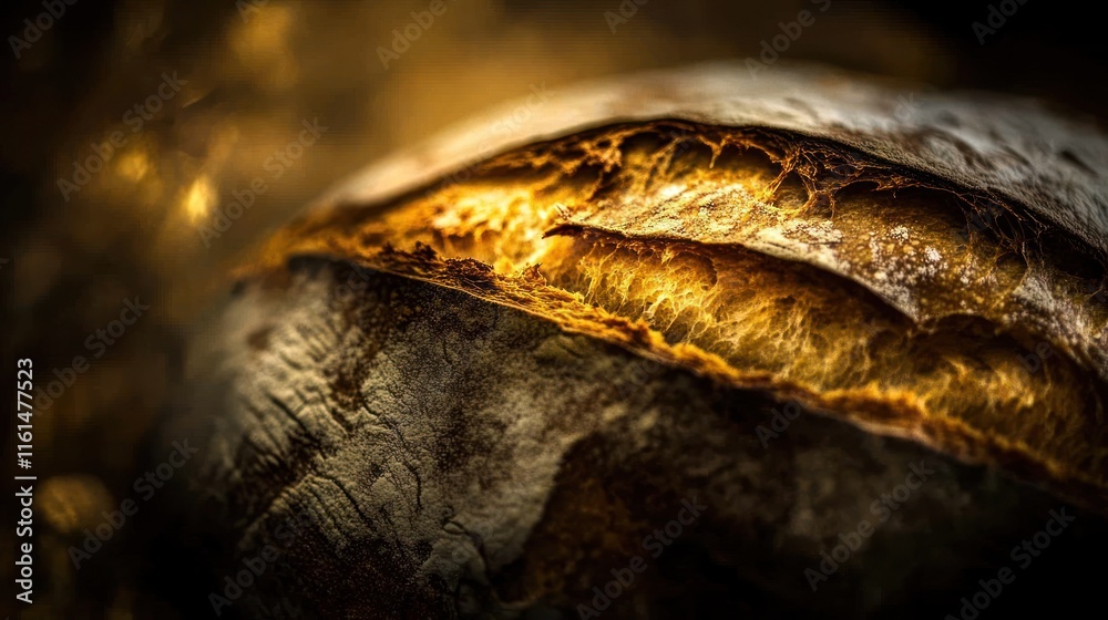 Close-up of rustic sourdough bread with golden-brown crust and airy crumb. Close-up of rustic sourdough bread with golden-brown crust and airy crumb.