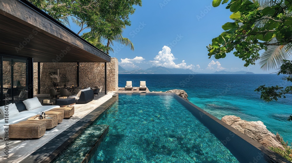 Fototapeta premium Luxurious villa with infinity pool overlooking a serene ocean landscape.