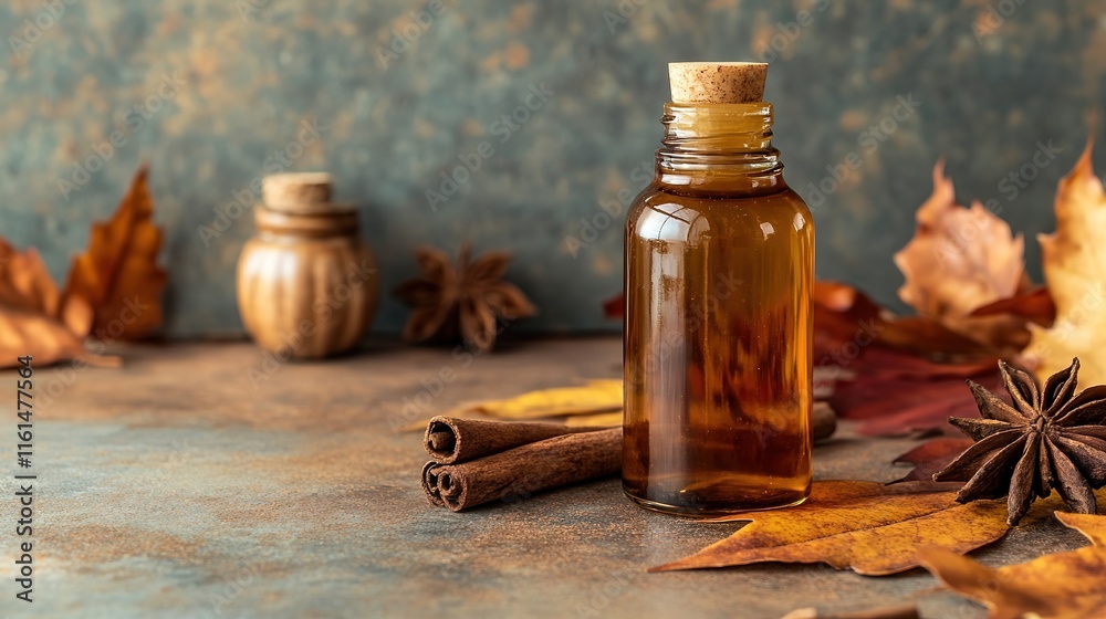 Warm amber bottle surrounded by autumn leaves and aromatic spice Warm amber bottle surrounded by autumn leaves and aromatic spice