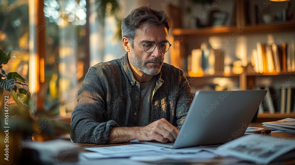 Man Working on Laptop at Home Man Working on Laptop at Home