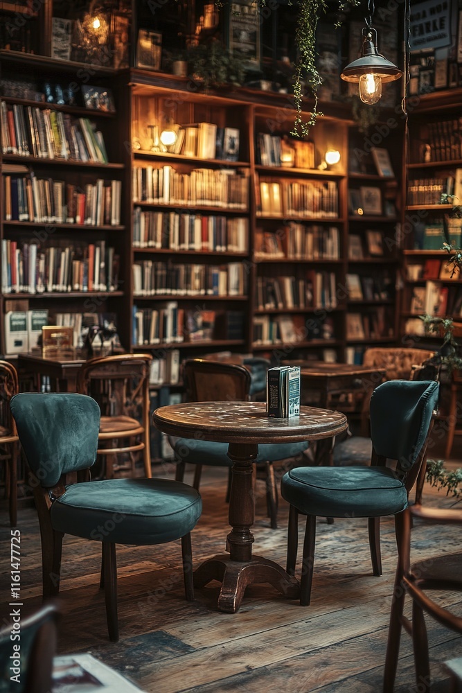 Cozy reading nook with warm lighting and inviting chairs, surrou Cozy reading nook with warm lighting and inviting chairs, surrou
