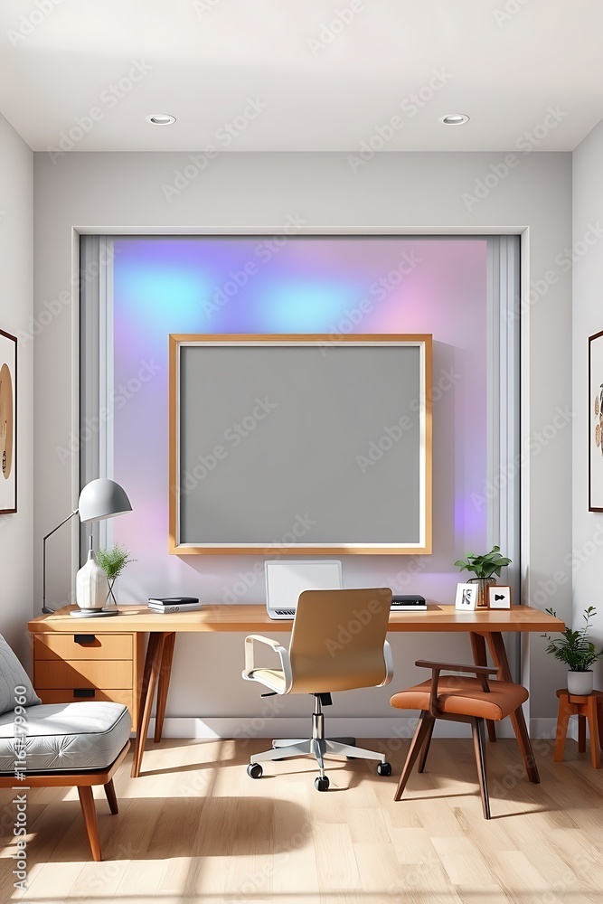 Modern Home Office with Colorful Accent Wall and Desk Space Modern Home Office with Colorful Accent Wall and Desk Space