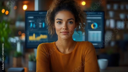 A woman in a yellow shirt is sitting in front of a computer monitor Free Download A woman in a yellow shirt is sitting in front of a computer monitor - GFXLoad