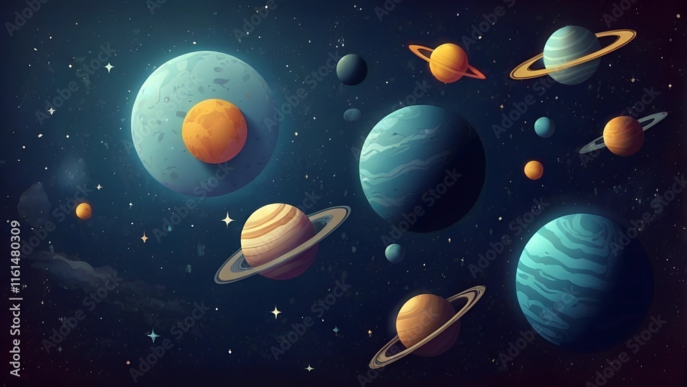 Stylized illustration of colorful planets with rings and stars in a vast galaxy, set against a dark, starry background, evoking wonder and exploration in outer space Stylized illustration of colorful planets with rings and stars in a vast galaxy, set against a dark, starry background, evoking wonder and exploration in outer space