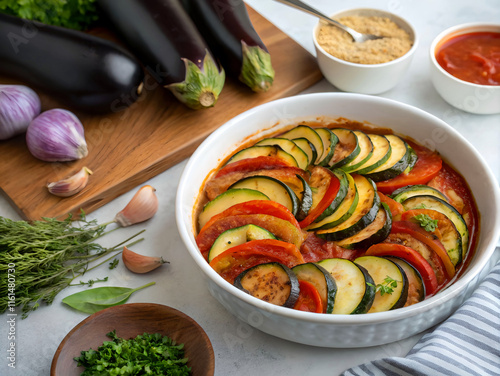 colorful dish of ratatouille with zucchini, bell peppers, and tomatoes, garnished with fresh herbs. The dish is presented on a white plate with a purple cloth and surrounded by various vegetables and  photo