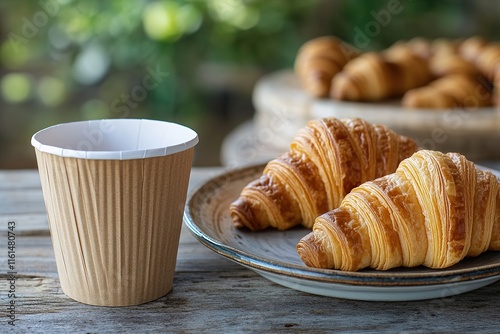 Warm croissants paired with coffee cup create cozy breakfast sce photo