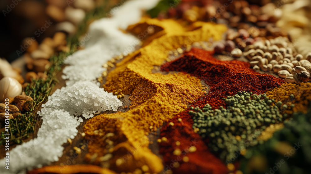 Fototapeta premium An artistic arrangement of spices shaped like geographical features, highlighting creativity in cooking.