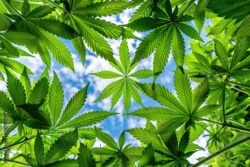 Lush green cannabis leaves against a bright blue sky photo