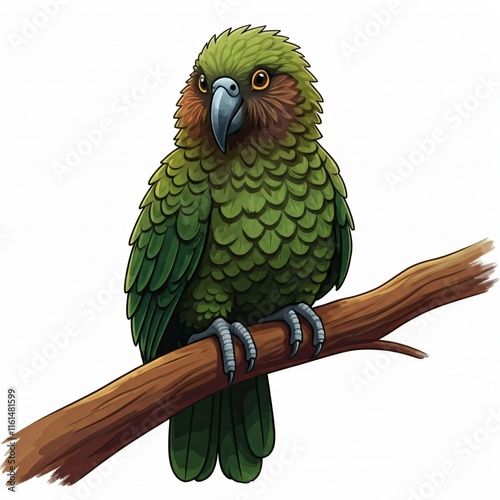 Leuchtend grüner Kakapo mit detaillierten Federn, vollständige Ansicht, Cartoon-Stil, weißer Hintergrund, Generative KI. photo