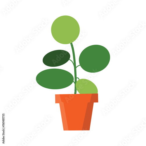 A minimalist illustration of a potted plant with round green leaves and a green stem. The orange pot adds a warm contrast, making it ideal for nature, decor, and botanical-themed projects