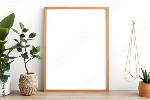 Modern Minimalist Mockup: A stylish, empty picture frame with a natural wood finish is nestled amidst lush greenery, creating a contemporary and inviting scene. Perfect for showcasing your artwork.