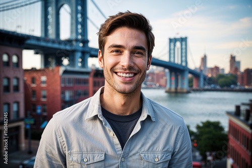 Portrait of Smiling Man with Cityscape and Bridges in Background