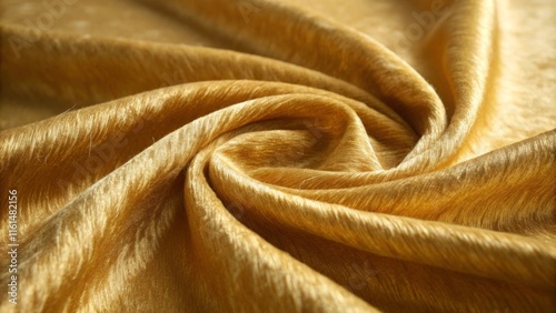 Luxurious golden fabric with elegant texture and swirling pattern