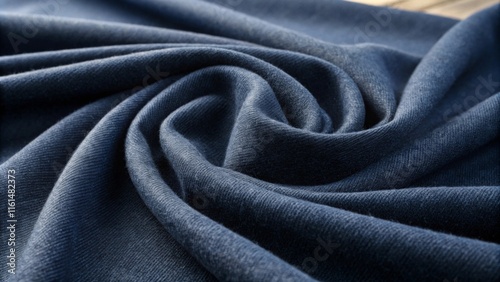 Close-up of elegant blue fabric with spiral pattern and soft texture