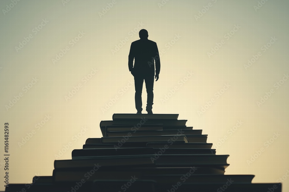 Silhouette of a man standing atop a pyramid of books during sunrise. knowledge and achievement Silhouette of a man standing atop a pyramid of books during sunrise. knowledge and achievement